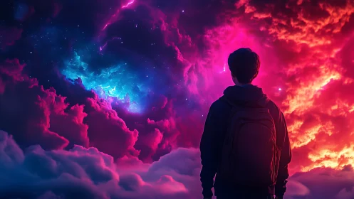 Teenage dreamer beneath neon cosmic storm clouds.