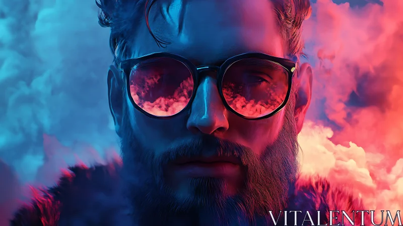 Neon-lit bearded portrait reflects surreal pink clouds.