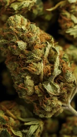 Golden green cannabis bud close up in cozy soft focus.