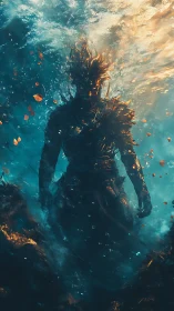Submerged armored figure in glowing aquatic environment.