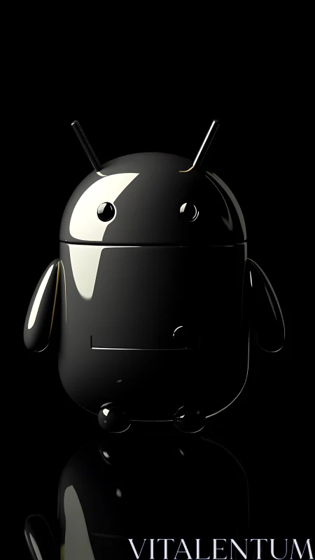 Glossy black robot mascot rendered on reflective surface