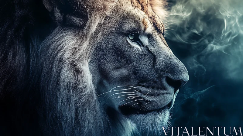 Side-profile leonine portrait in high-contrast digital chiaroscuro.