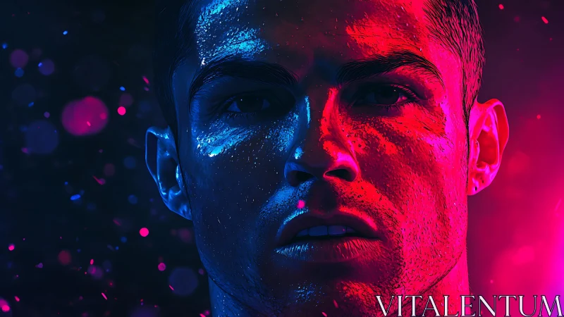 Neon duplex portrait under blue magenta rim lighting, close