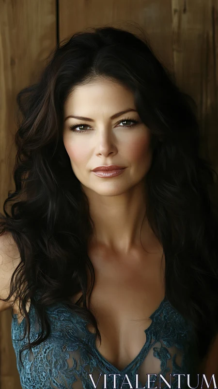 Portrait captures woman in teal lace dress before wood wall