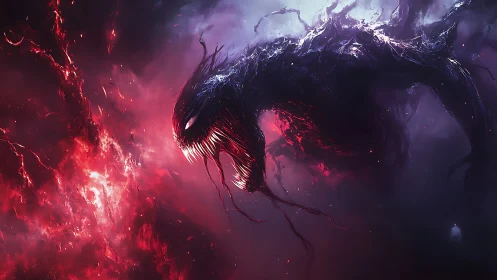 Cosmic shadow serpent drifting through a storm of crimson light.