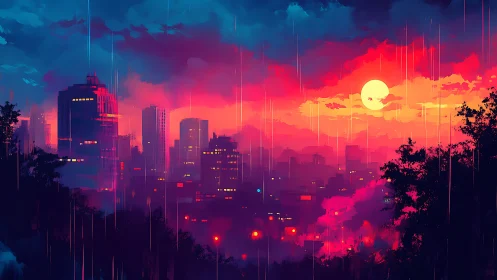 Digital cityscape depicts sunset over urban skyline