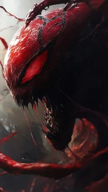 Ferocious red alien creature leans in with menacing intensity