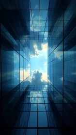 Skyward reflections between calm blue glass towers.