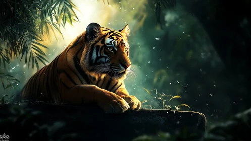 Gentle jungle tiger resting in dappled golden light.