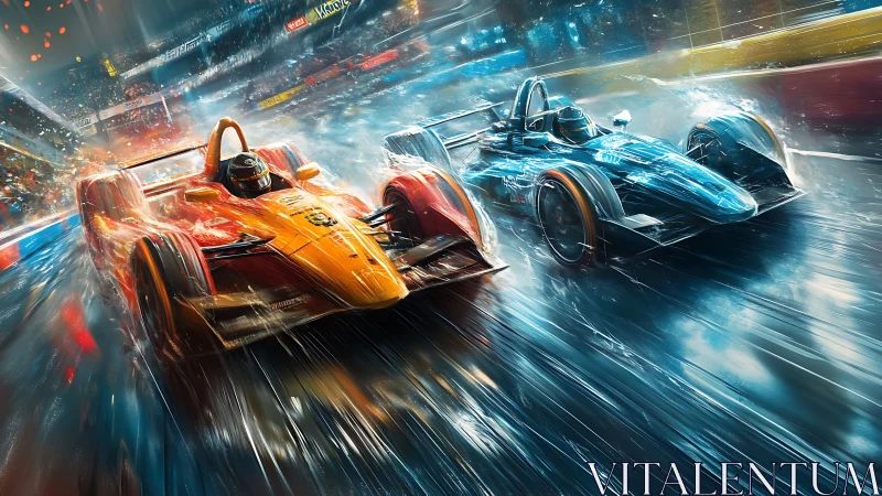 Electric race cars slice through neon rain in fierce duel.