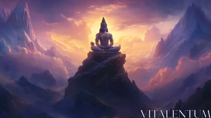 Divine figure meditates above glowing mountain clouds at dusk
