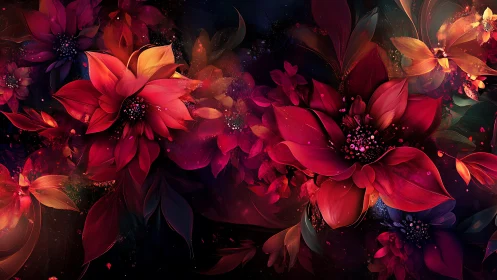 Luminous Red Flowers Against Dark Atmospheric Background.