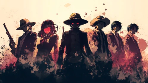Shadowed anime gang emerges from splattered crimson mist