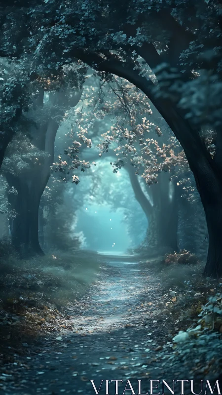 Mystical Forest Path Through Ancient Trees to Ethereal Light