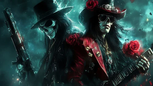 Rebel skeleton rockers share a dark, rose lit stage together