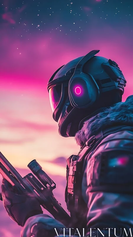 Neon dusk ranger scanning the cosmos in quiet vigilance.