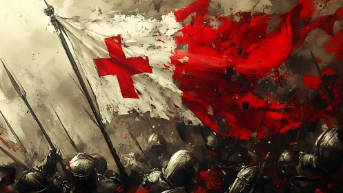 Medieval battlefield scene with red cross war banner raised.