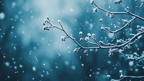 Snow-covered branch extends laterally against blurred background