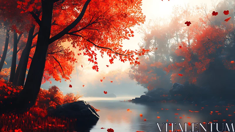 Autumn river valley rendered with volumetric fog and high contrast lighting