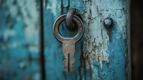 Weathered key waiting in peeling turquoise door’s quiet shadow.