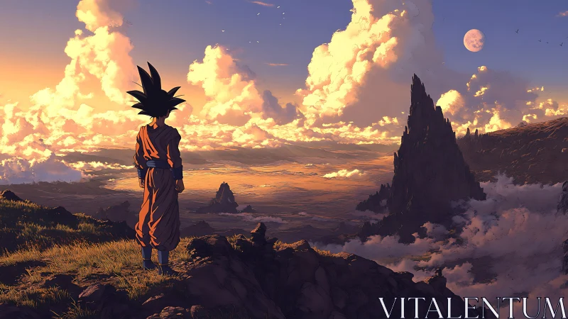 Sunset wanderer gazing across a dream-bright valley.