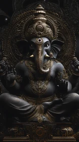 Lord Ganesha idol glows in ornate dark metallic splendor.