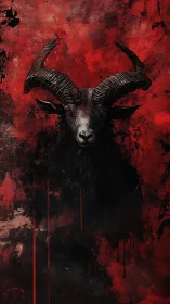 Dark horned goat head against splattered red backdrop.