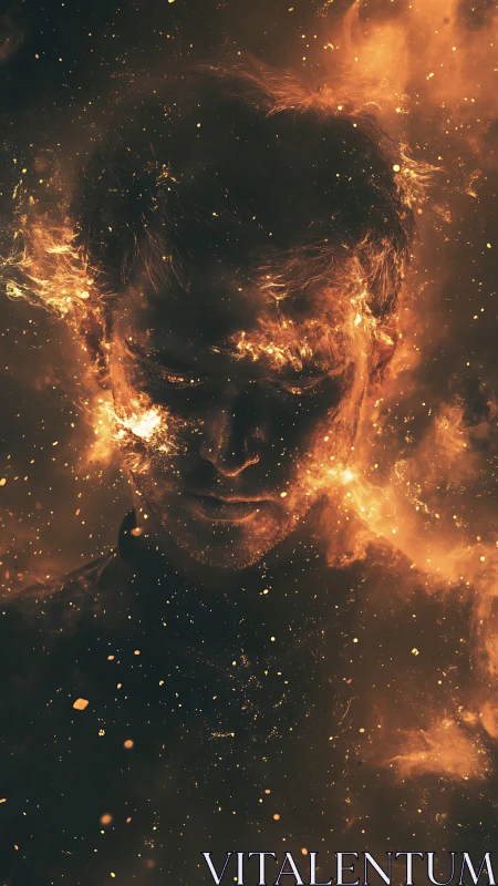 Digital painting portrait engulfed in cosmic firestorm glow.