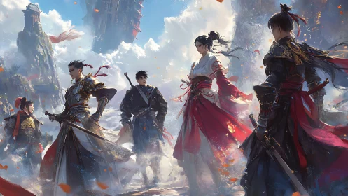 Warriors in ornate armor stand in a windy mountain pass