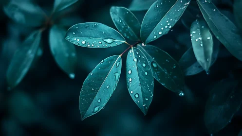 Moonlit raindrop leaves whisper in deep teal hush.