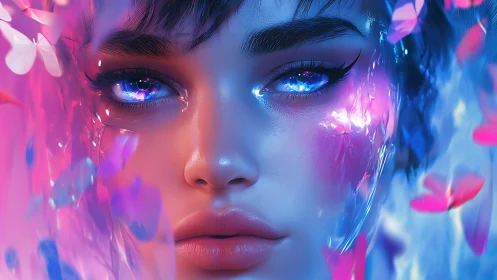 Neon-hued cyber muse portrait with crystalline iridescent gaze.