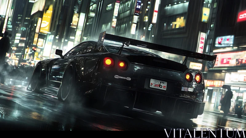 Widebody tuner coupe in neon soaked urban rainscape at night