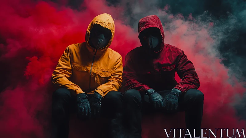 Hooded masked duo in dense red smoke, low key portrait