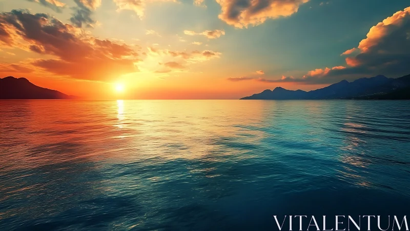 Ocean horizon at sunset with distant coastal mountains.