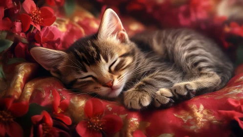 Tabby Kitten Resting Among Red Flowers and Ornamental Fabrics