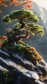 Gentle bonsai tree basking in soft mountain sunlight.