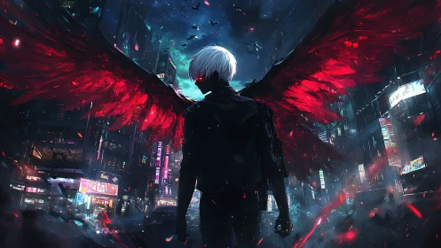 Winged antihero dominates neon-soaked night cityscape.