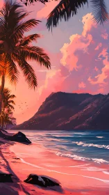 Tropical Sunset Seascape with Palm Trees.