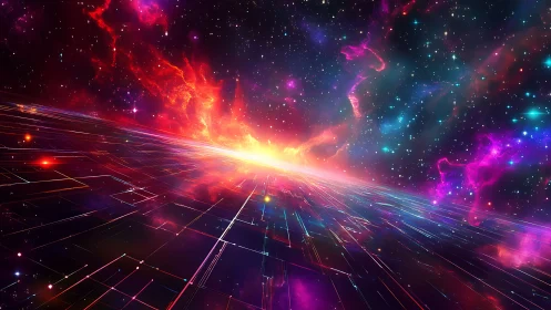 Neon space horizon merges cosmic nebulae with digital light