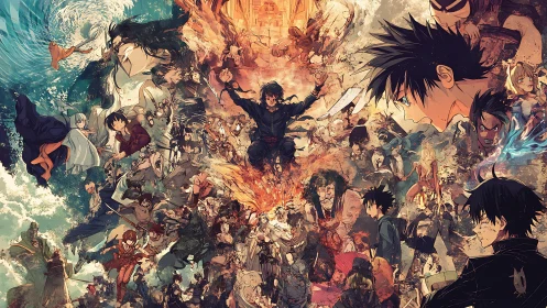 Epic anime heroes surge forward in a swirling battle storm