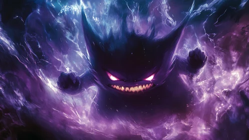 Playful ghostly creature glowing in swirling purple light.