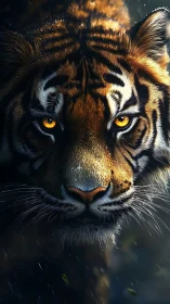 Tiger close-up with intense golden eyes in dark rain.