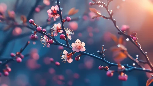 Gentle cherry blossoms glow softly in warm evening light