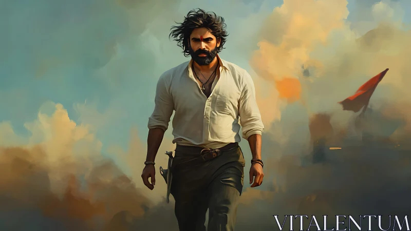 Rugged hero strides through stormy cinematic smoke.