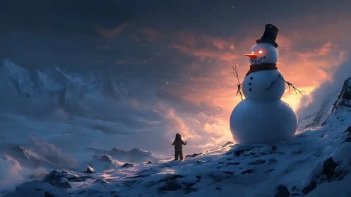 Giant glowing eyed snowman towers over lone child.
