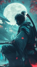 Lunar-backlit spectral samurai with ember-lit ocular focus.