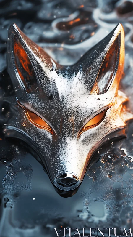 Chromed vulpine mask in liquid metal environment, 3D render.