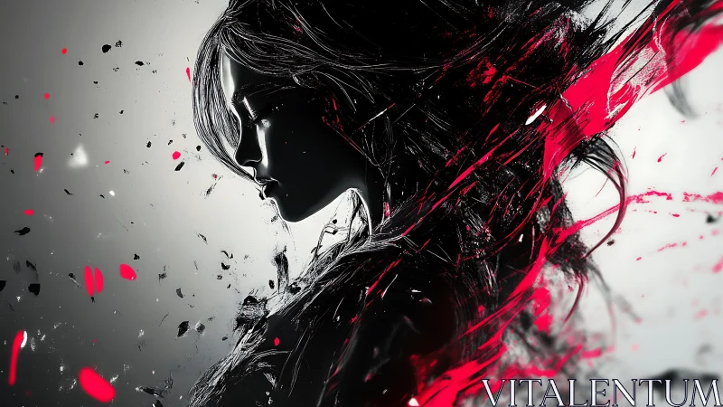 Profile silhouette merges with red and black abstract motion