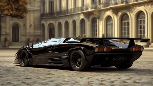 Midnight black supercar gleams against elegant city architecture