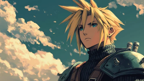 Blond armored character in anime style under clouded sky.